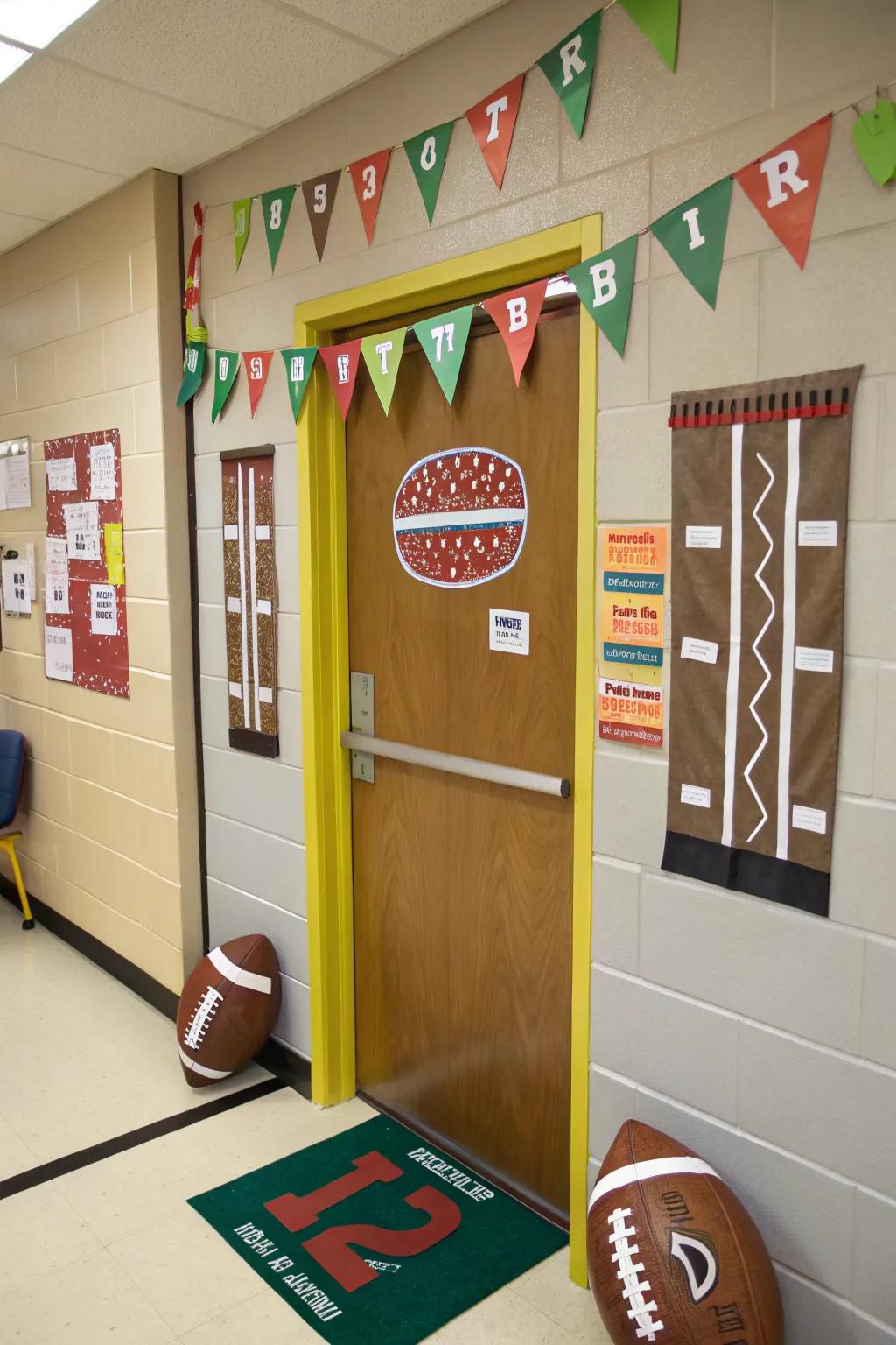 Football-inspired entrance decor for autumn sports enthusiasts.
