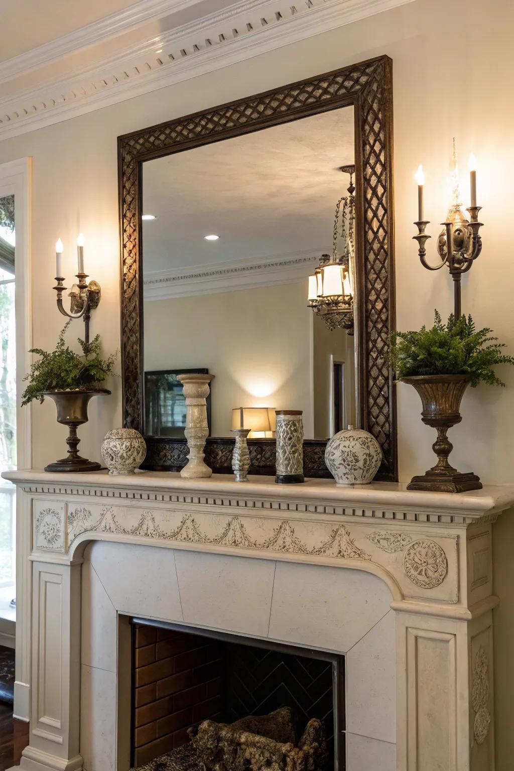 A fall mantel with a looking glass enhancing depth and illumination.