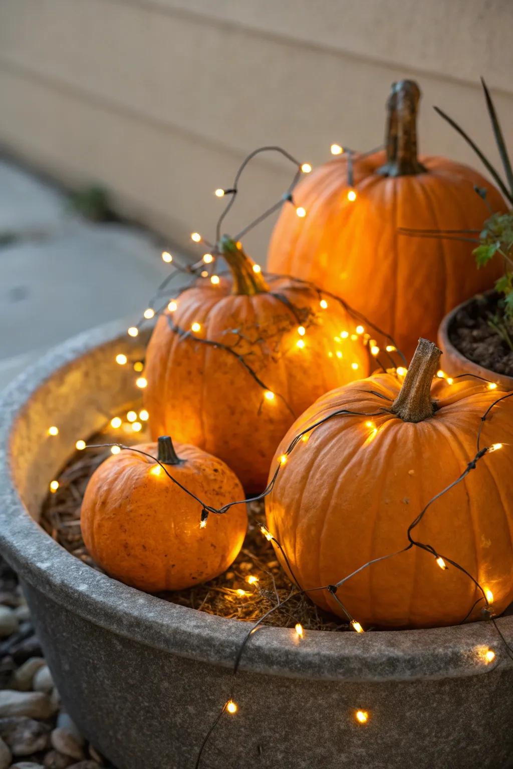 Ambient lights bring a touch of magic to gourd vases.
