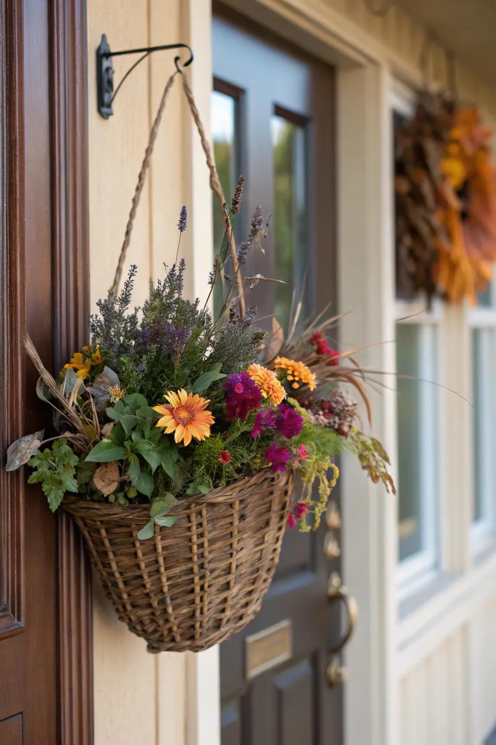 A basket of blossoms presents a fresh, colorful substitute for the traditional garland.