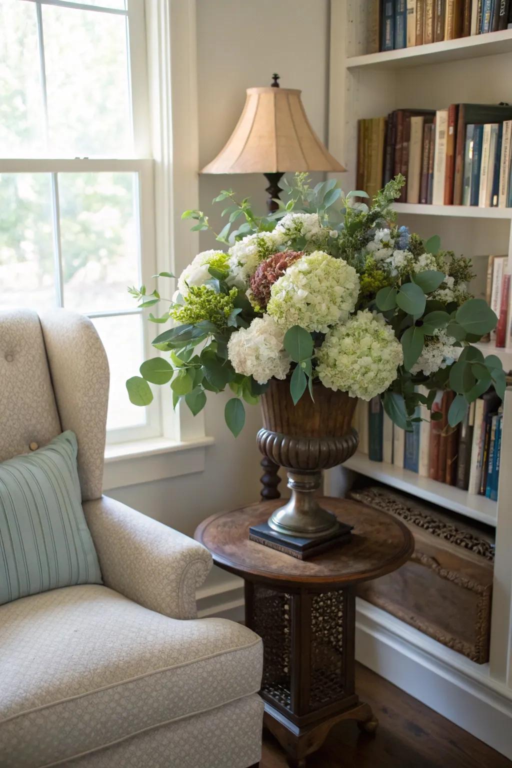 Soothing big blooms and fragrant leaves in a fall container.