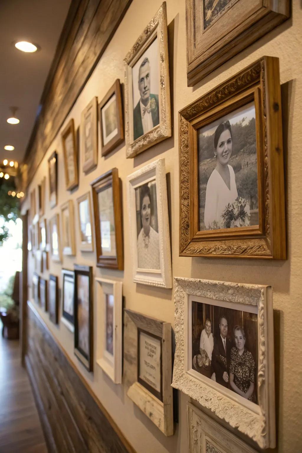 Antique holders infusing sentimentality into a photo wall.