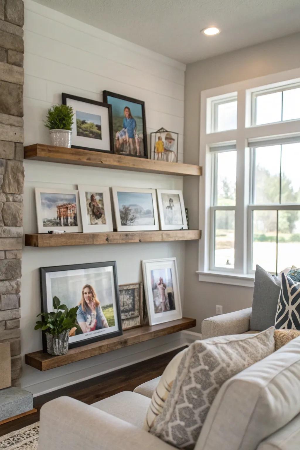 Photo shelves offer flexible family exhibits.