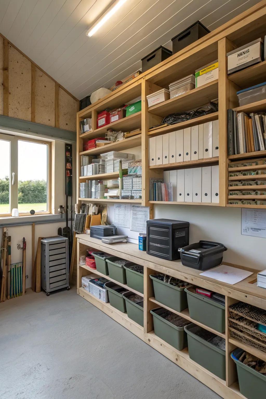 Vertical extent amplified through wall-affixed storage.