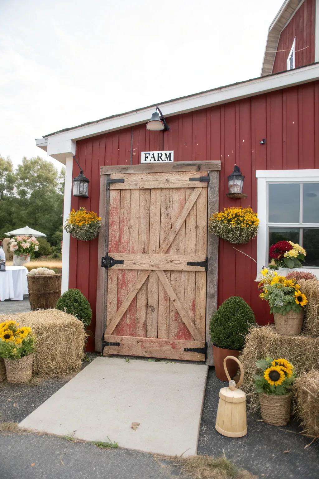 A farm entranceway sets the stage for a charming farm-themed celebration.
