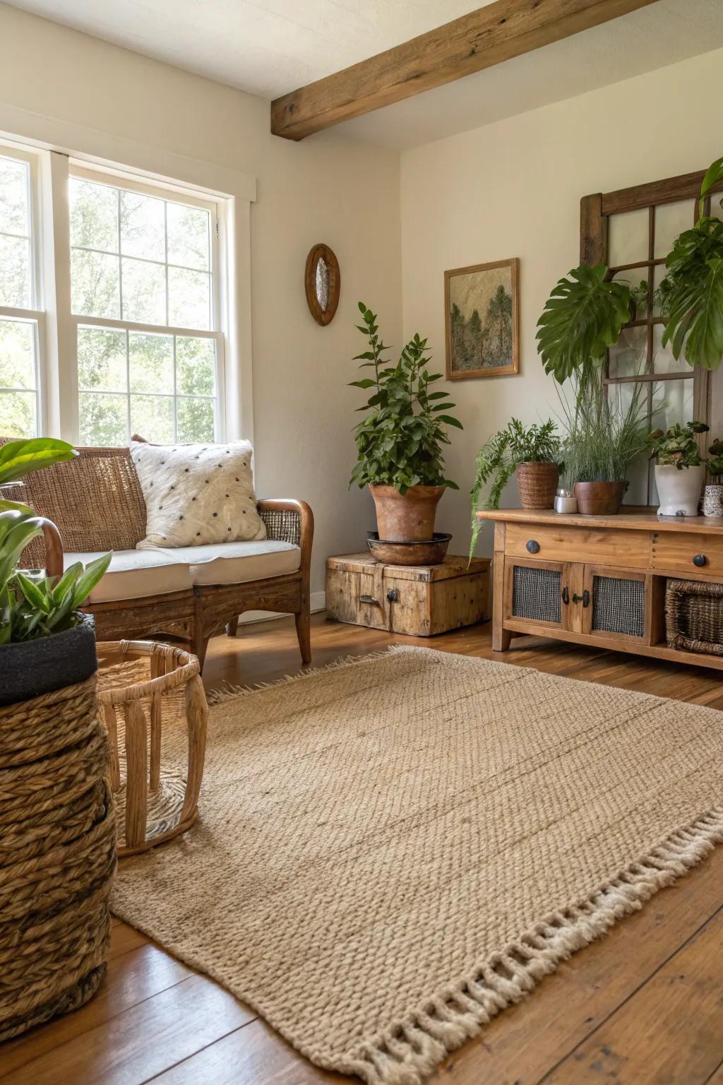 Natural material rugs add texture and warmth to any farmhouse space.