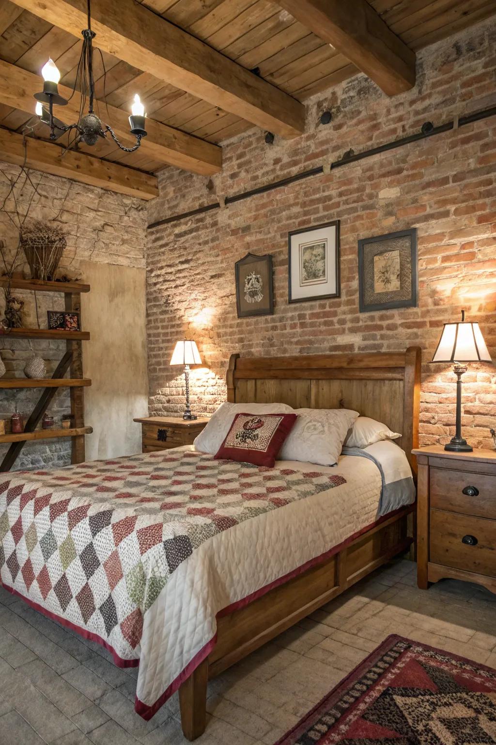 Exposed brick enhances texture and warmth in the bedroom.