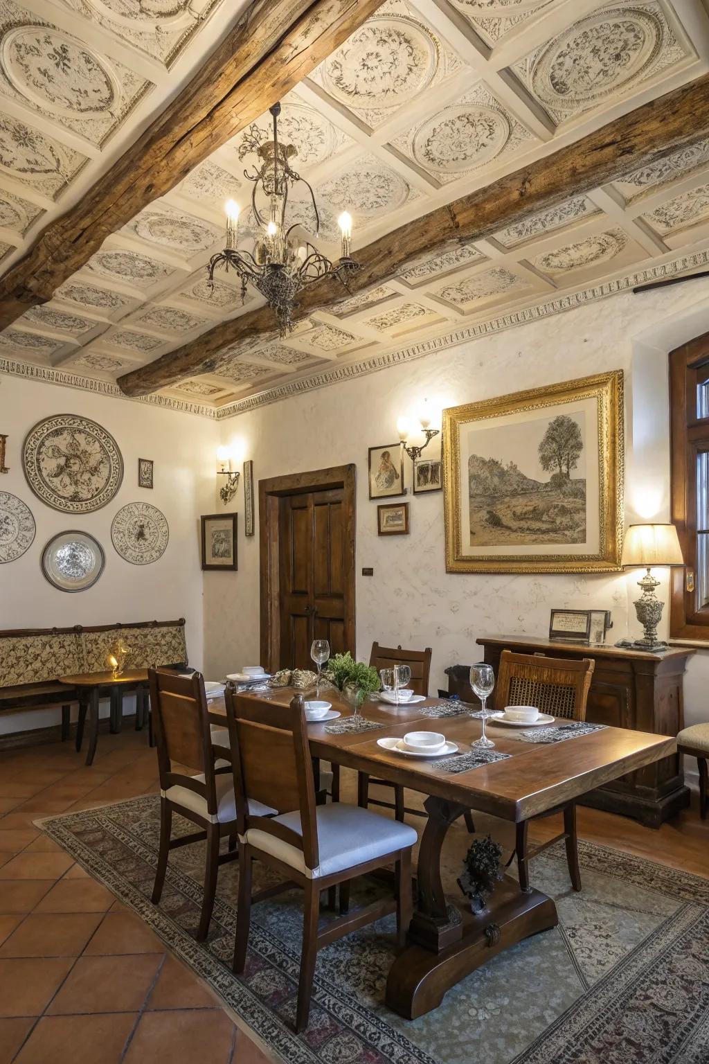 Center light rosettes add refinement and elegance to this farmhouse eating space.