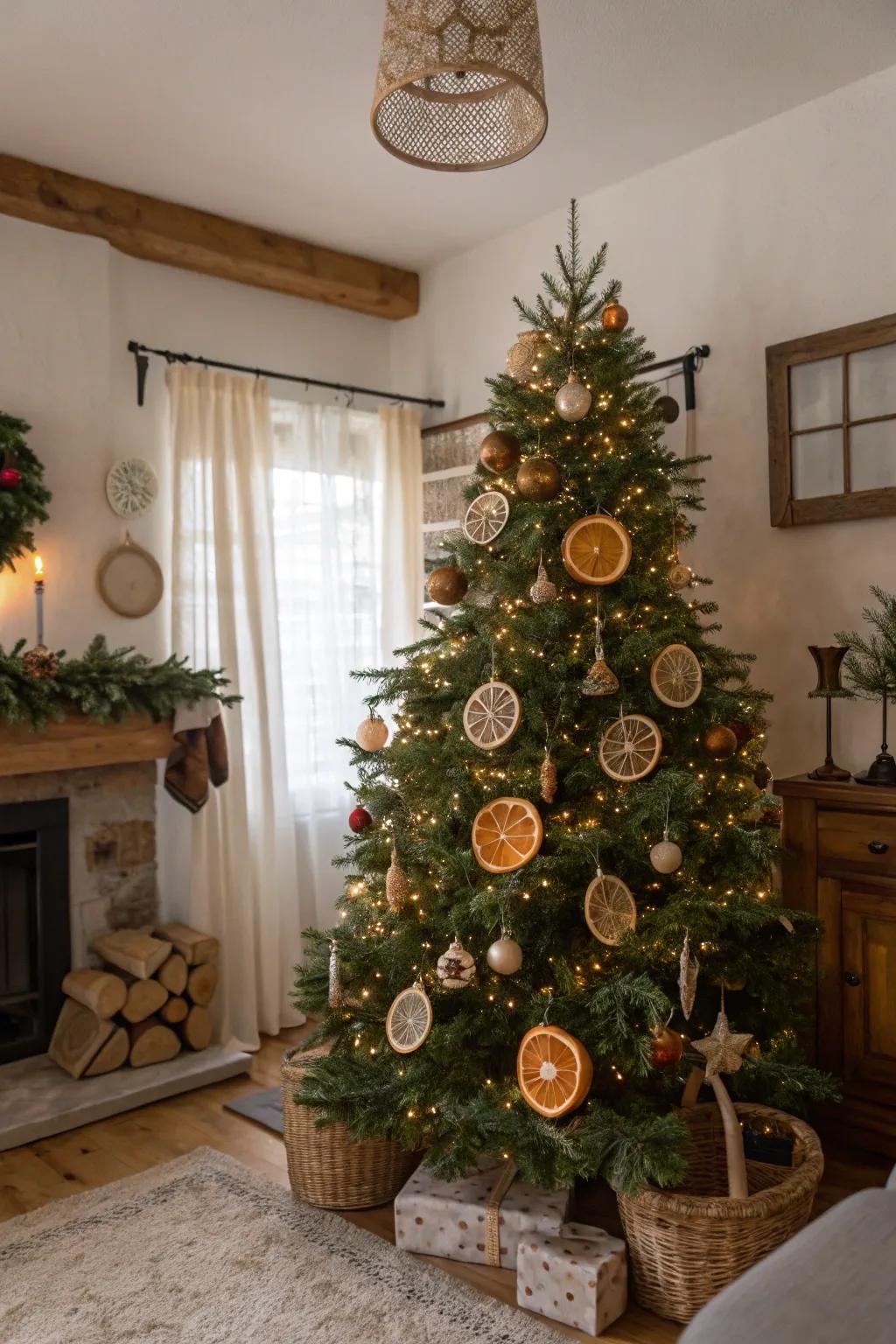 Dehydrated citrus embellishments lend a natural and fragrant essence to this tree.