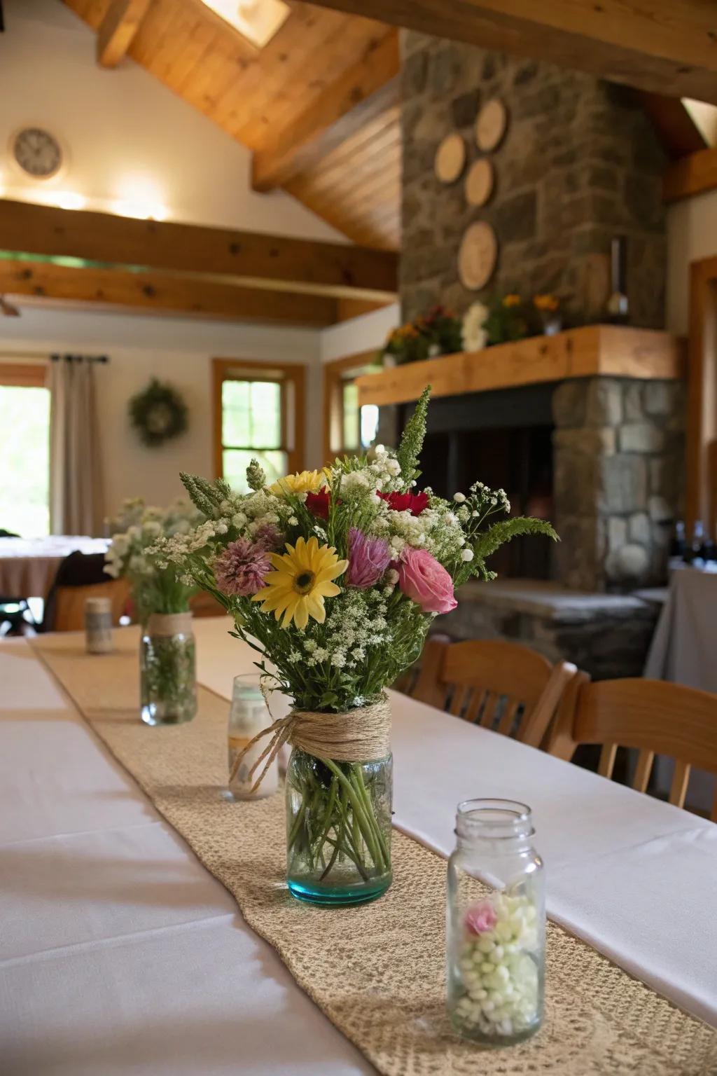Country centerpieces impart a personal and natural touch to this farmhouse dining table.