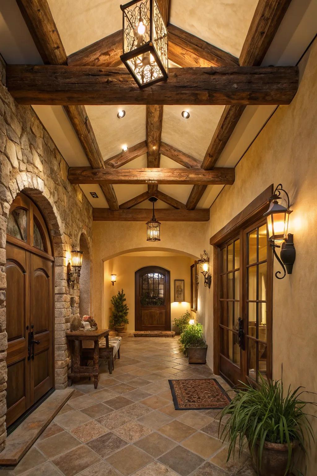 A farmhouse entryway enhanced by the presence of ceiling beams.