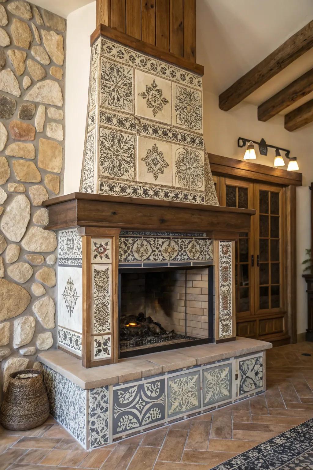Opposing grout brings drama to a farmhouse fireplace.