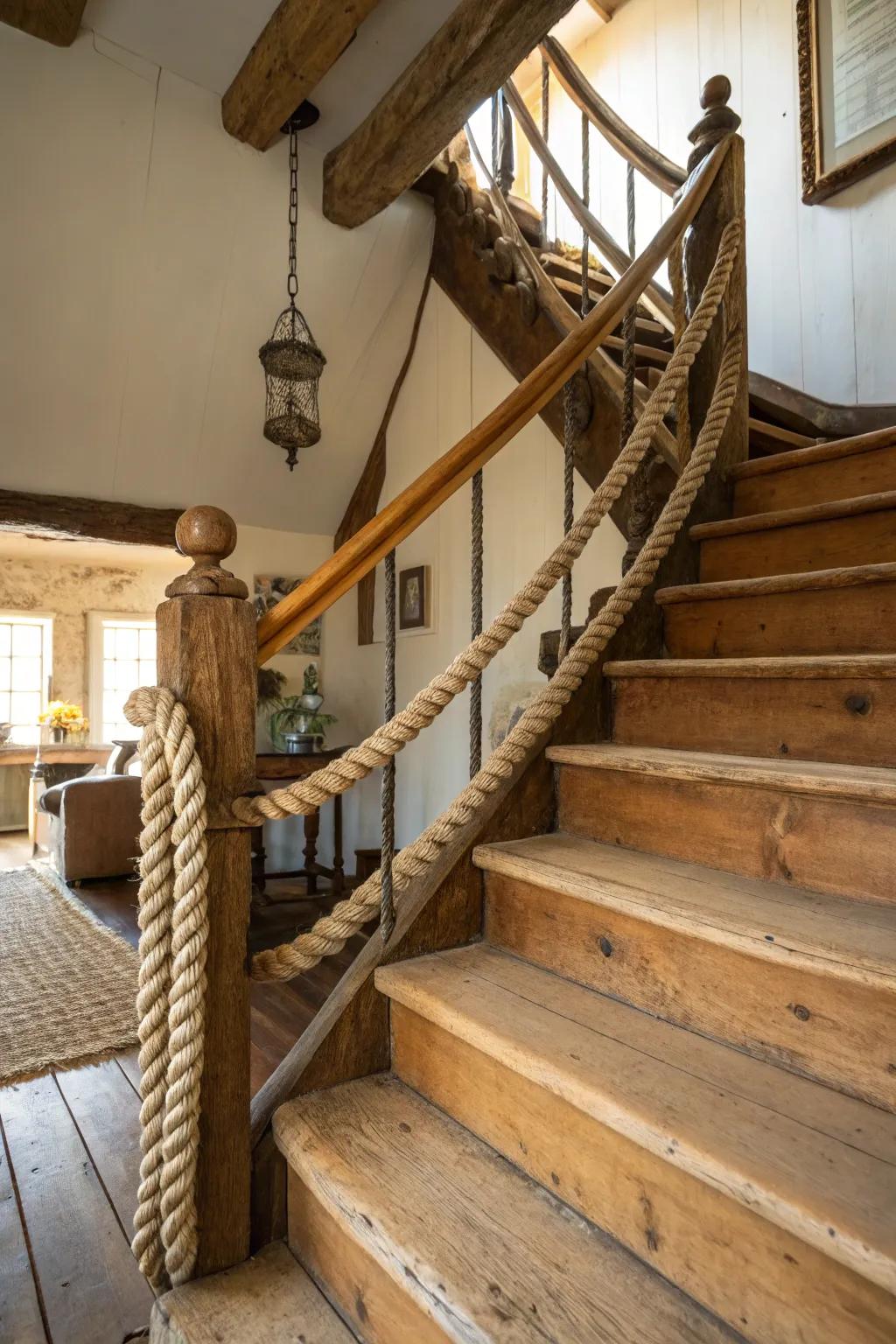 Rustic rope rails make for a unique farmhouse look.