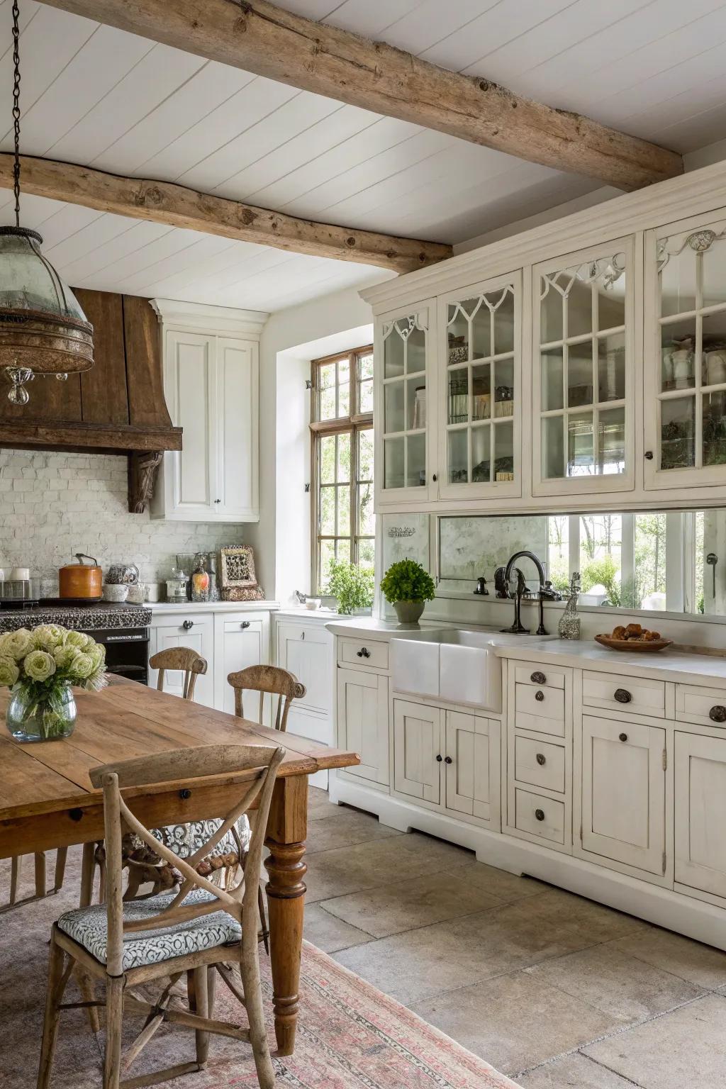 An aged mirror covering expands space and adds vintage charm to this farmhouse kitchen.