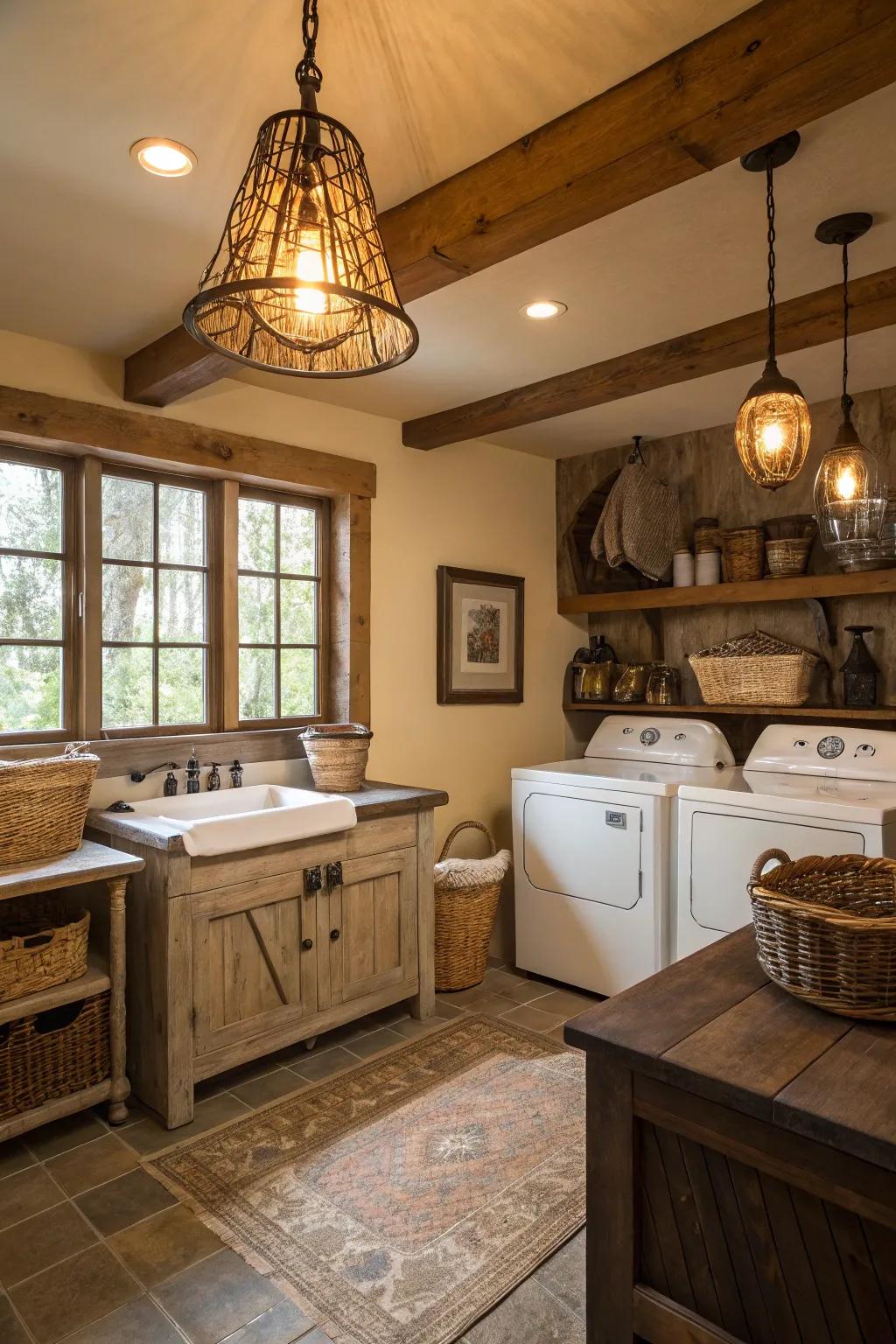 Pendant lighting contributes an industrial detail while brightening this farmhouse laundry area.