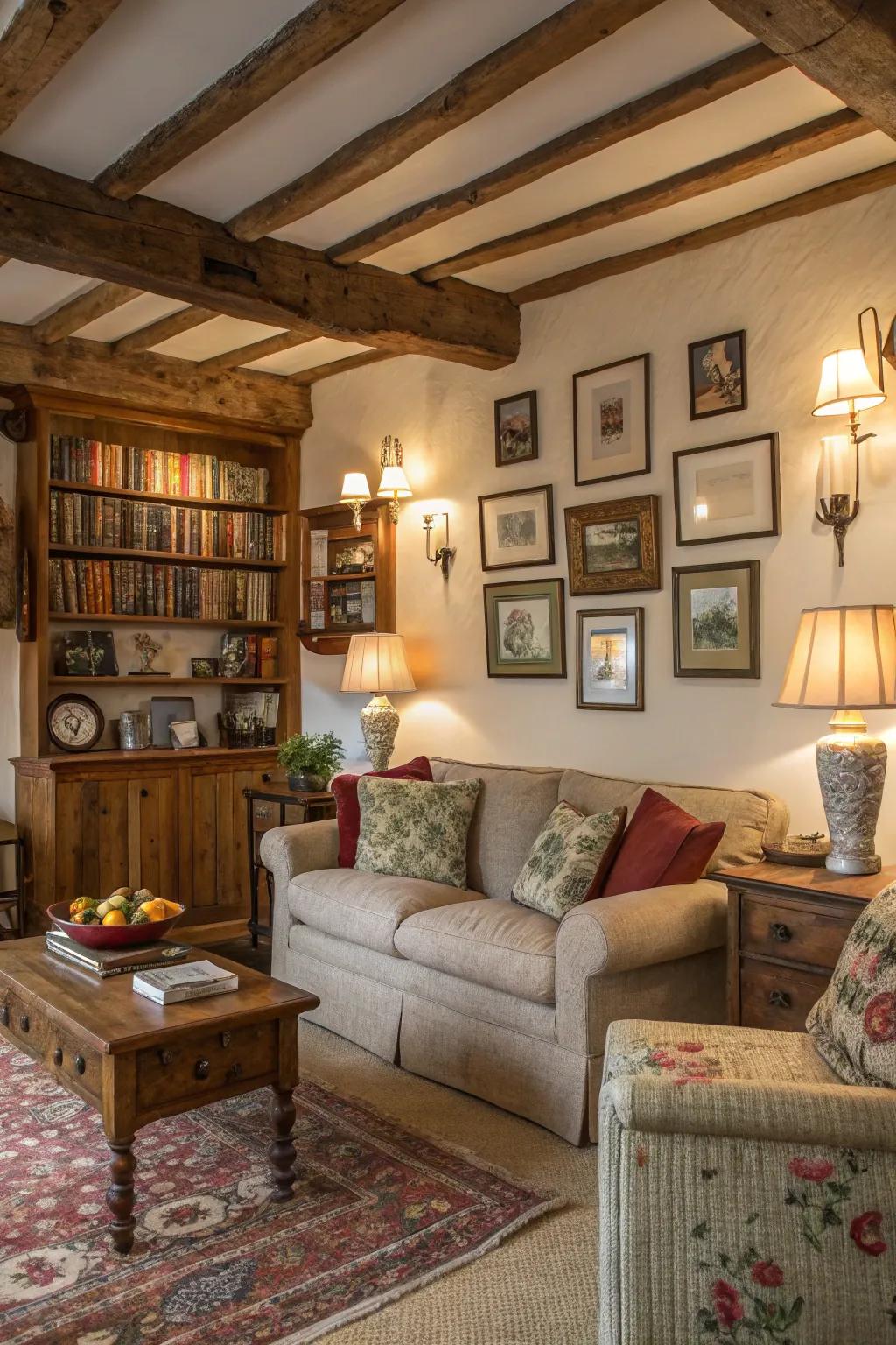 Country-style wall design injects individuality and points of interest to this family room.