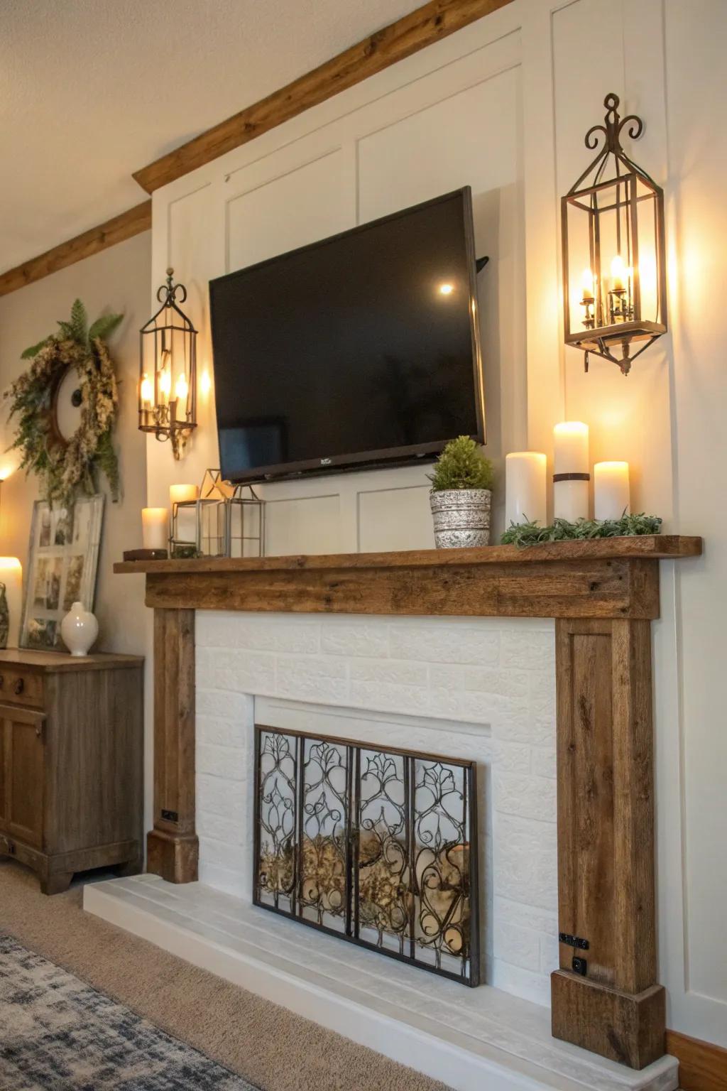 A farmhouse mantel beneath a TV, beautifully accentuated by wall fixtures.