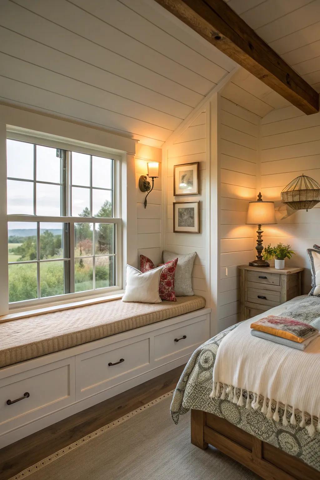 A window bench offers a snug spot for relaxation.