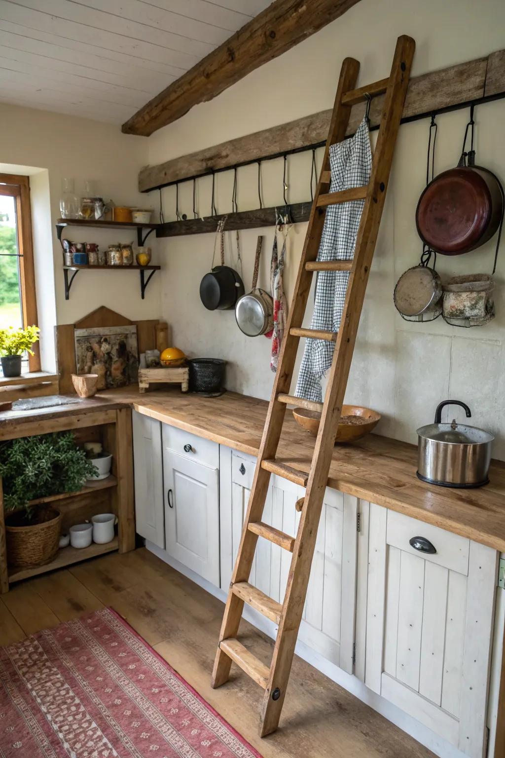 Charming kitchen storage idea featuring a ladder