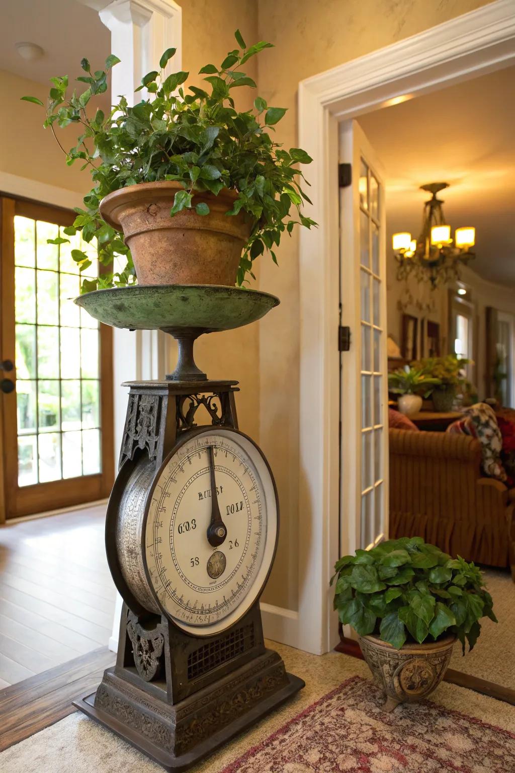 A plant stand using a retro scale.