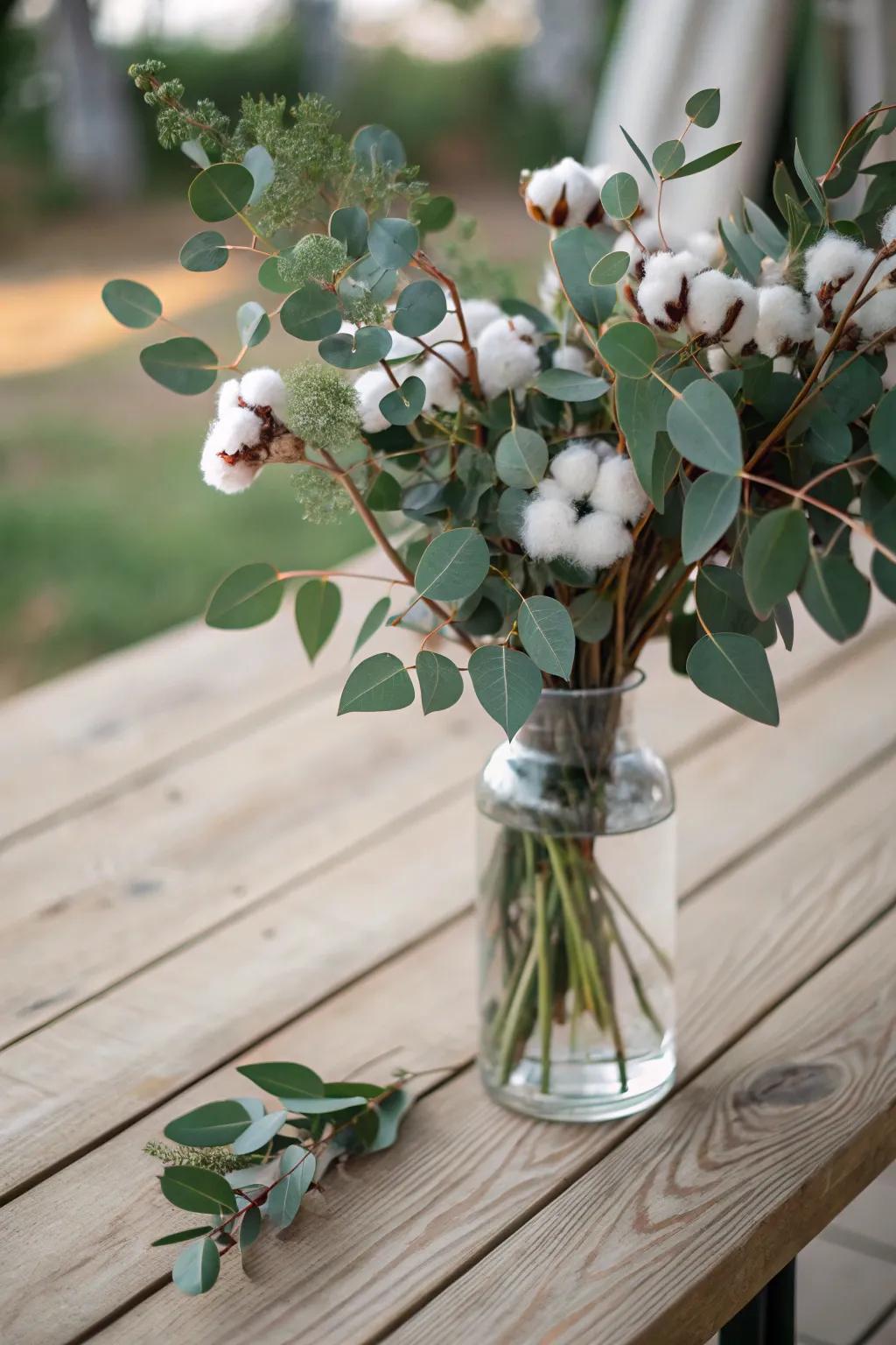 Eucalyptus and cotton branches offer a soft, genuine look for your centerpiece.