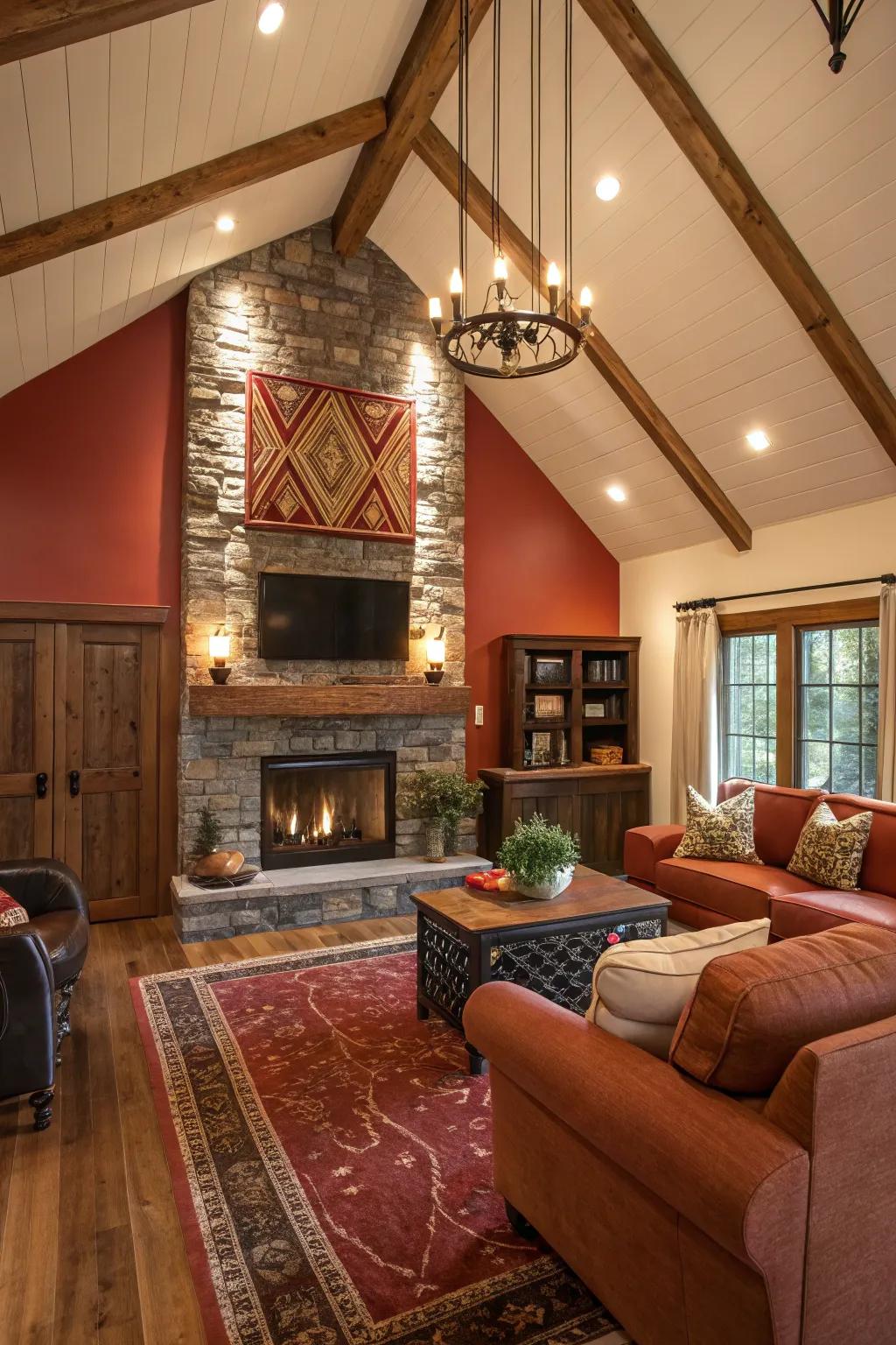 A bold feature wall accentuating a fireplace within a living space.