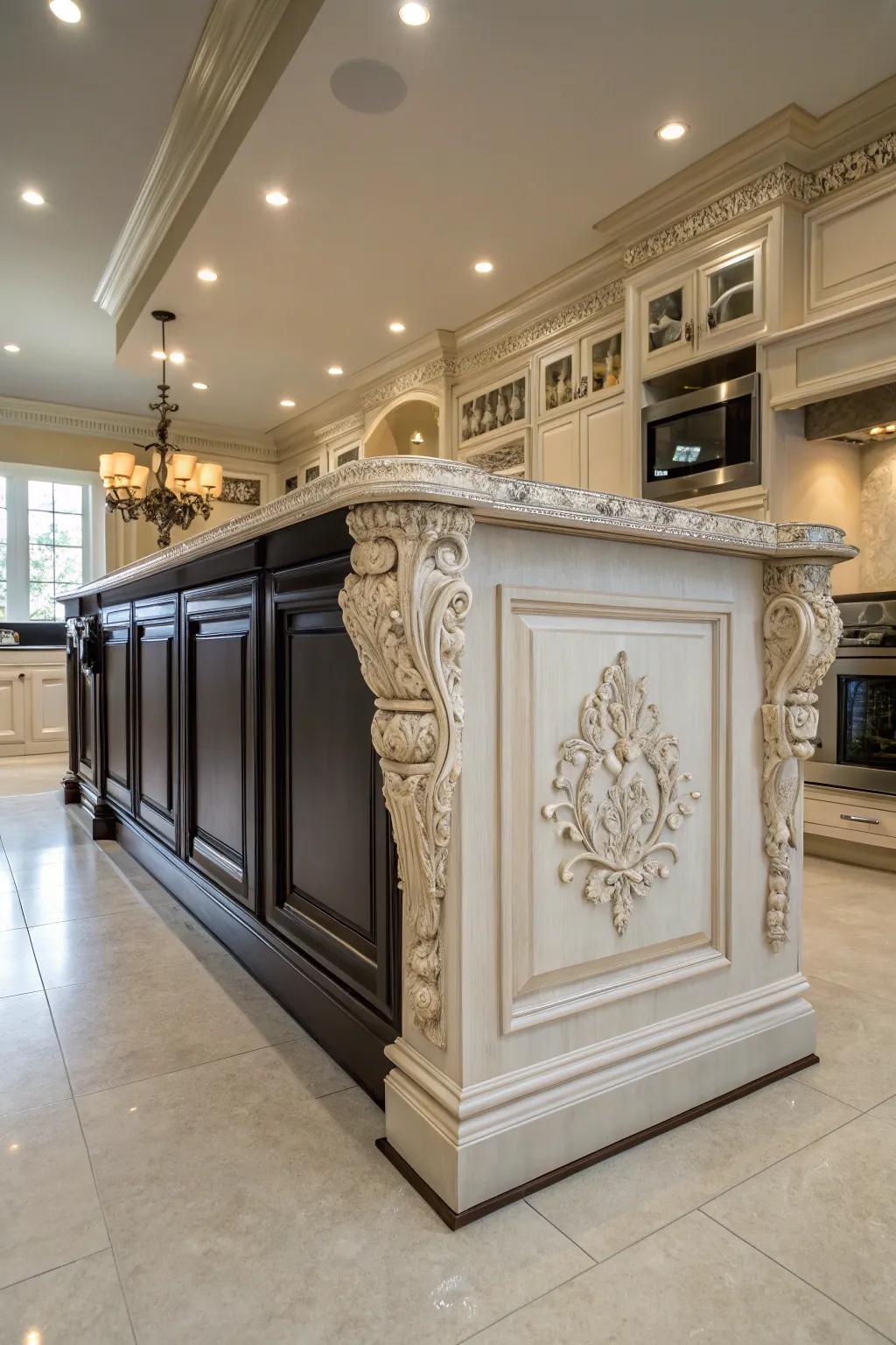 Luxurious cooking space island using simulated trim elements.