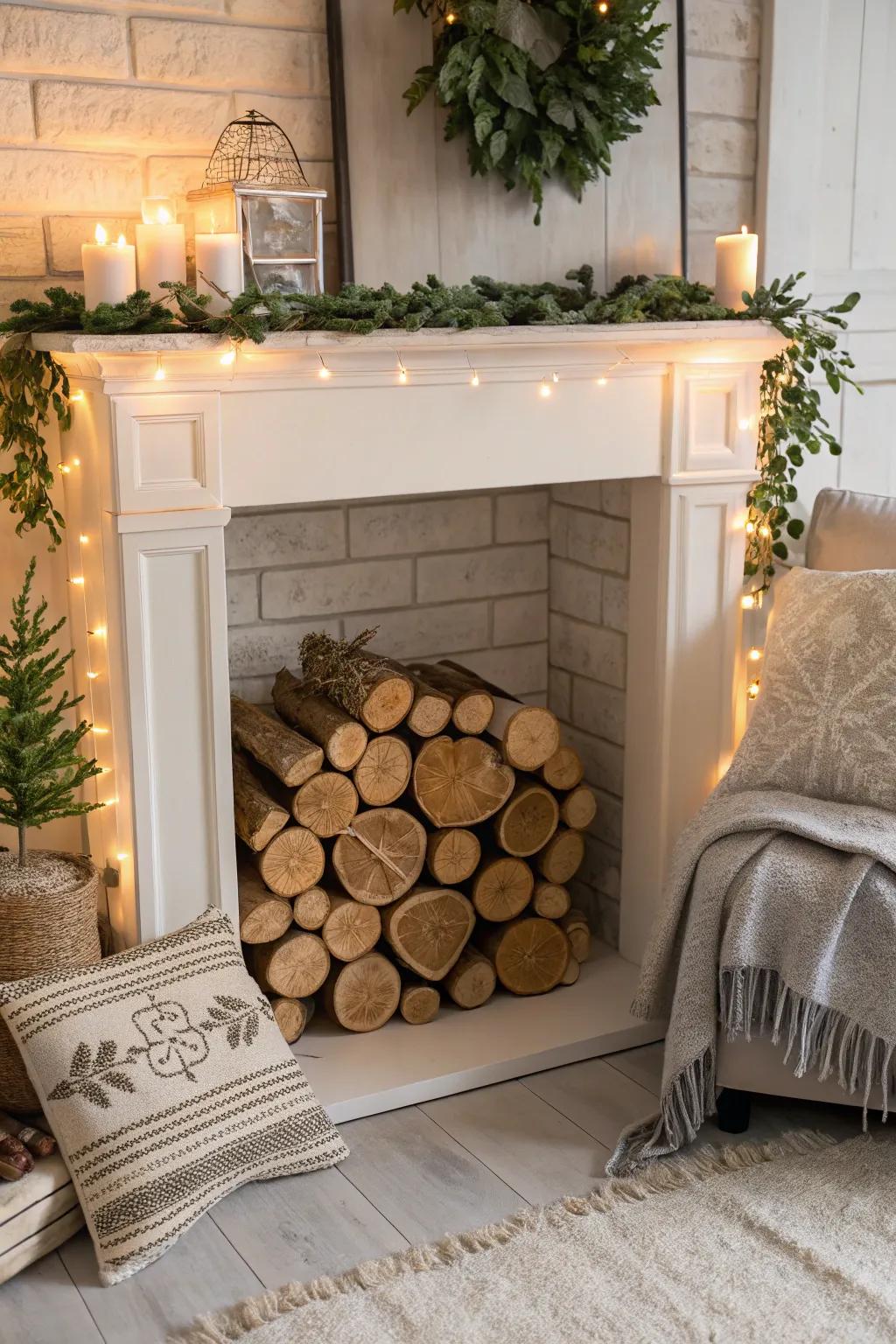 A show fireplace showing off earth-friendly wood.