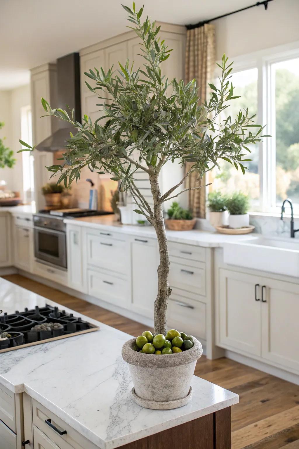 Infuse appeal into your kitchen with a faux olive tree.
