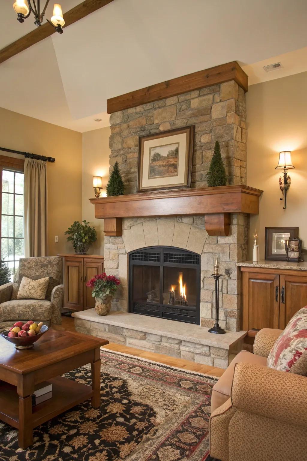 A living area featuring a natural timber mantle and stone hearth, enhancing warmth and earthiness.
