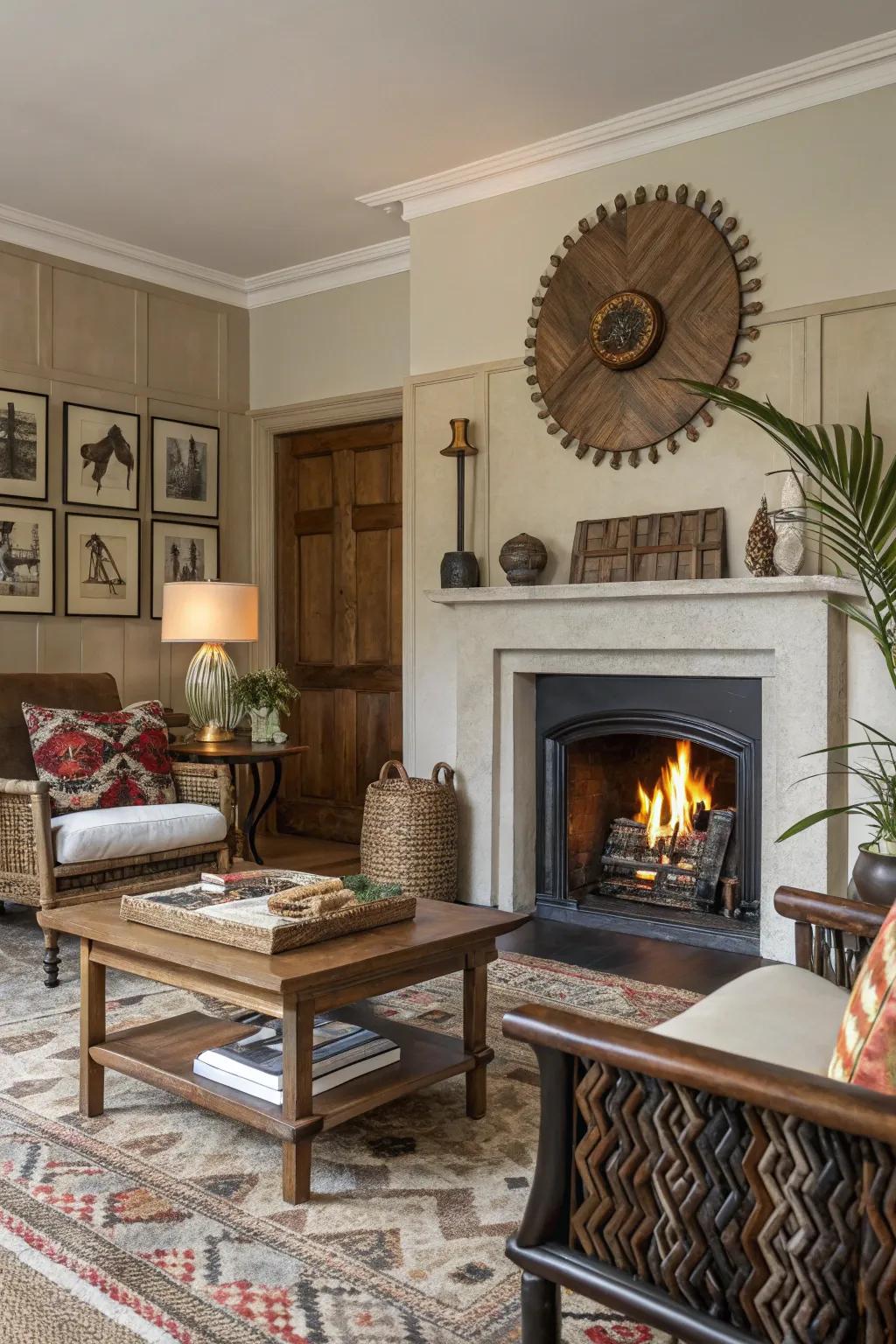 An eclectic living space with a central fireplace blending traditional and modern decor styles.
