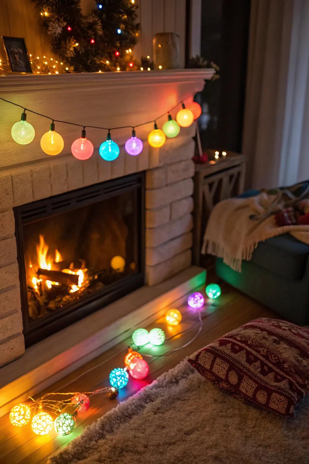 Colorful bulbs introduce a lively component to fireplace lighting.