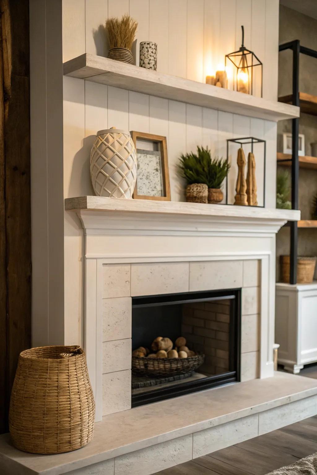 Suspended shelves provide a streamlined, contemporary look around the fireplace.