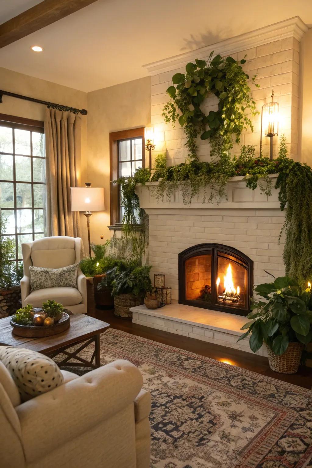 Greenery adds a revitalizing, natural vibe to your fireplace.