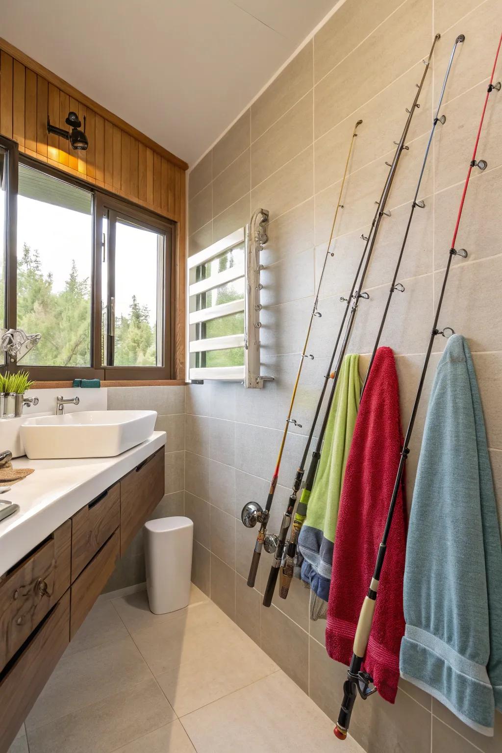 Angling poles bestow a seaside atmosphere to restroom decor.