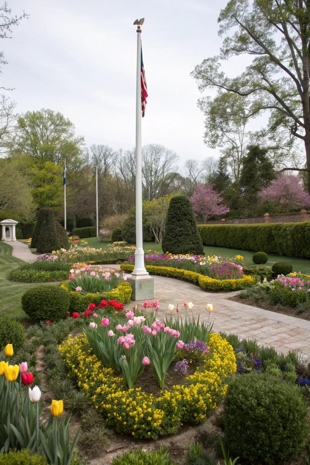 Seasonal greenery keeps a flagpole scenery lively year-round.