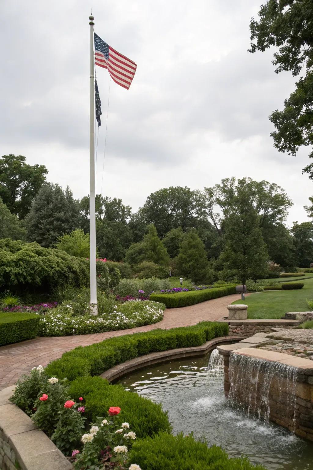 Water elements infuse peace and sophistication into flagpole areas.