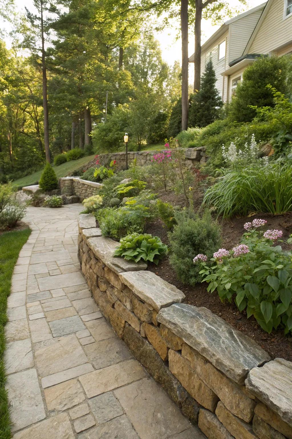 A flagstone support wall adding dimension to the garden.