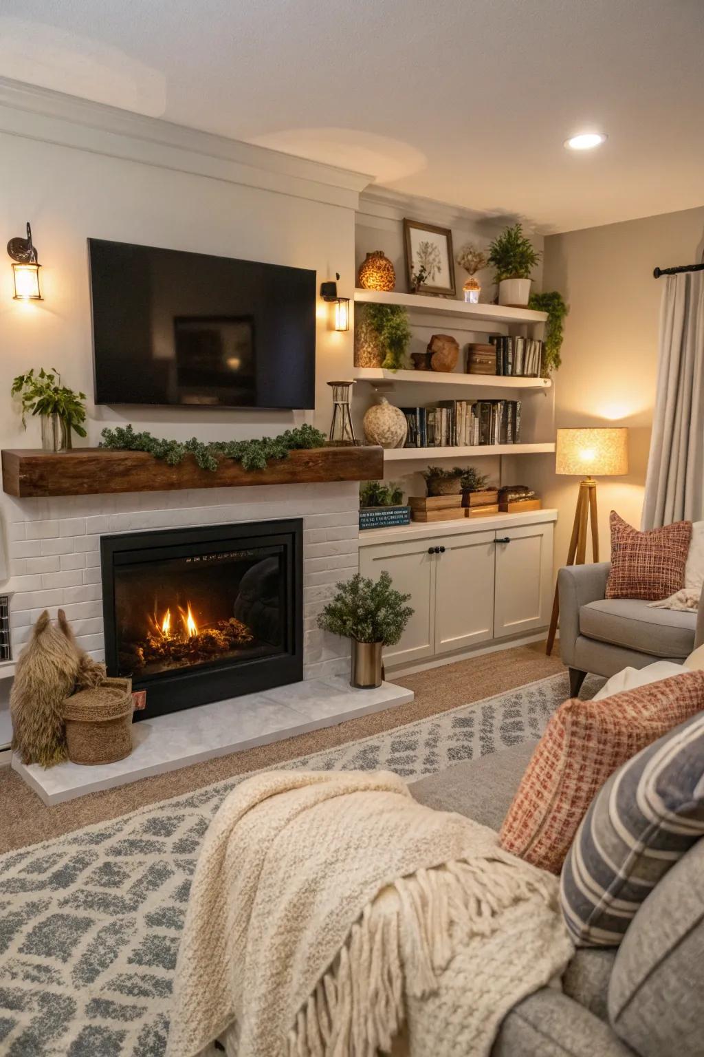 Make a warm focal point with a fireplace and shelves.