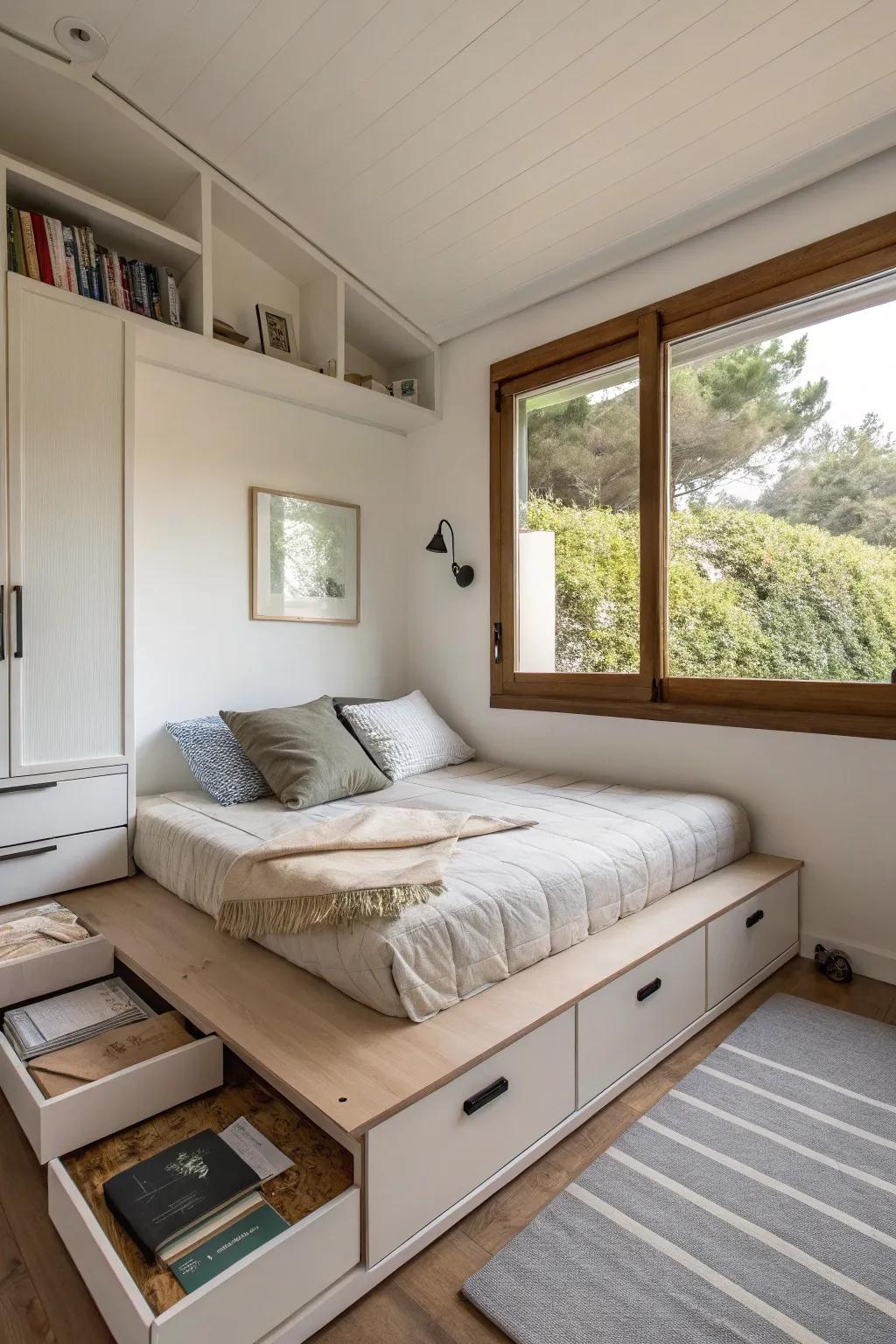 Furniture designed with multiple uses maximizes efficiency in a small space.