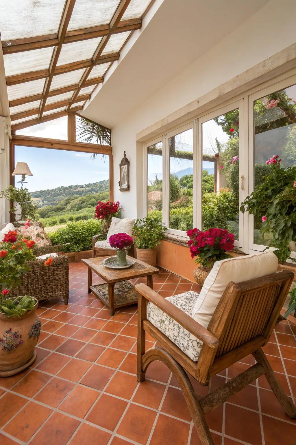 Earthenware tiles fill the space with warmth and country charm.