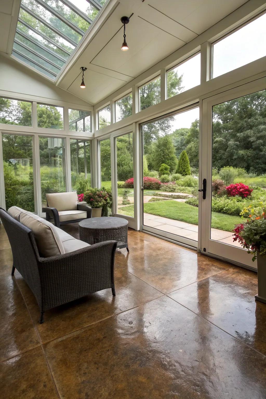Modern sunroom featuring tinted hard surface flooring.