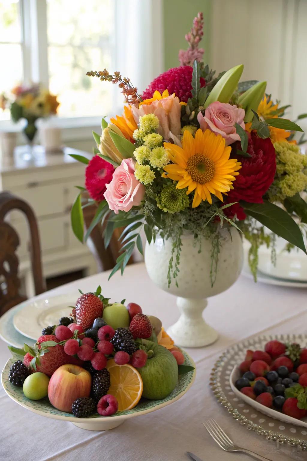 A floral centerpiece with added fresh fruit on a table.