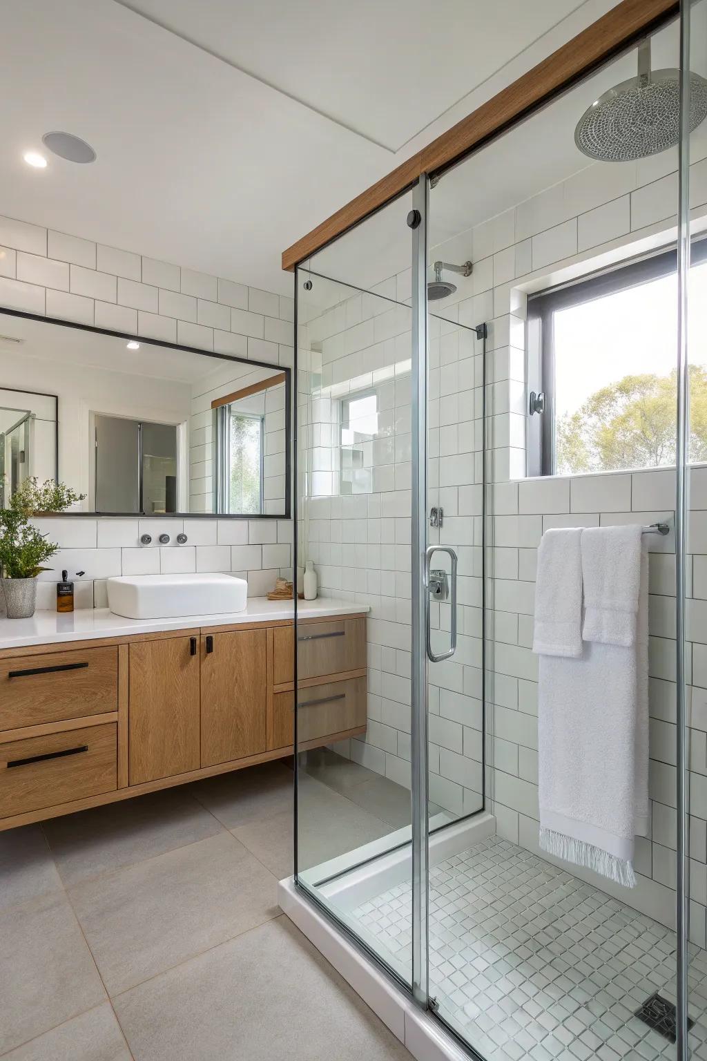 Glass shower cages keep the design open and modern.