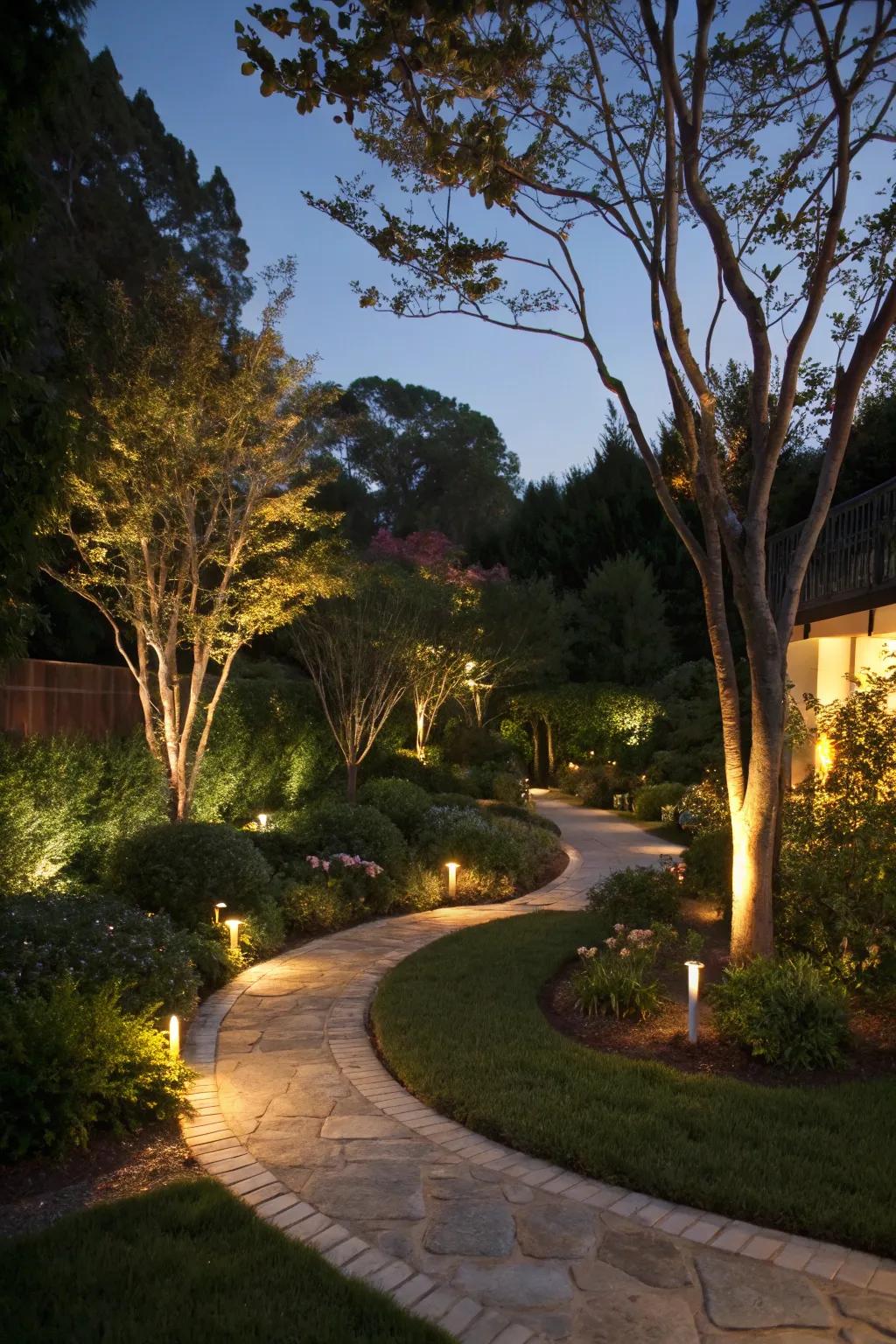 Exterior illumination beautifully transforms gardens at night.