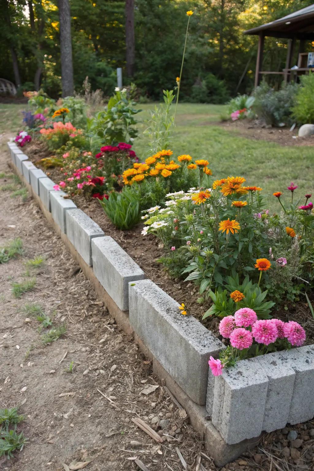 Concrete blocks offer a sturdy and rustic border for the flower bed.