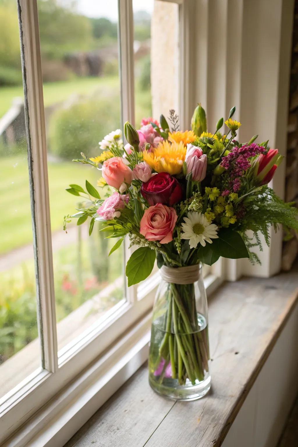 An eco-conscious arrangement showcasing sustainability and beauty on a windowsill.