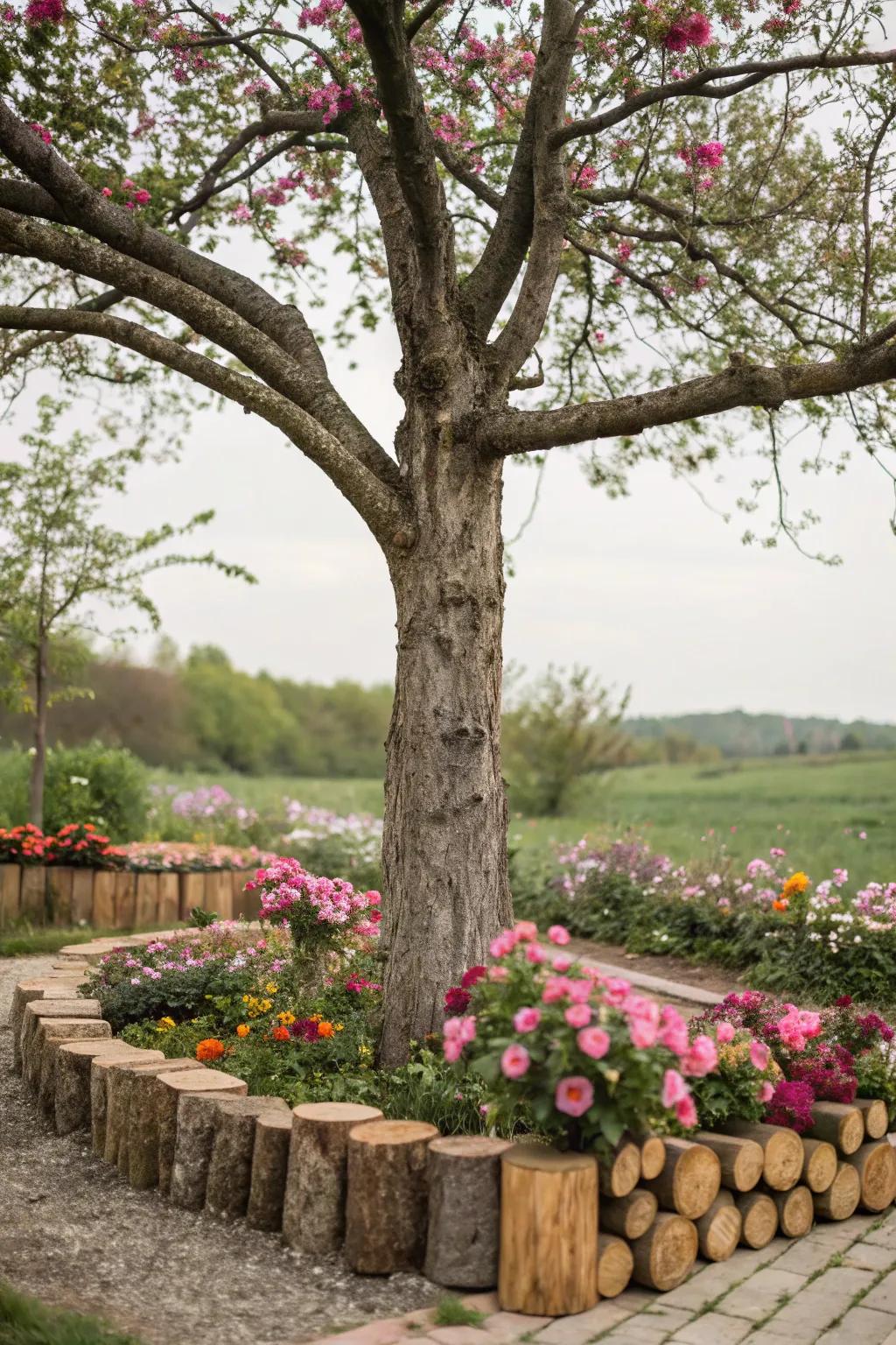 Rustic logs fashion a captivating border for this tree's flower bed.