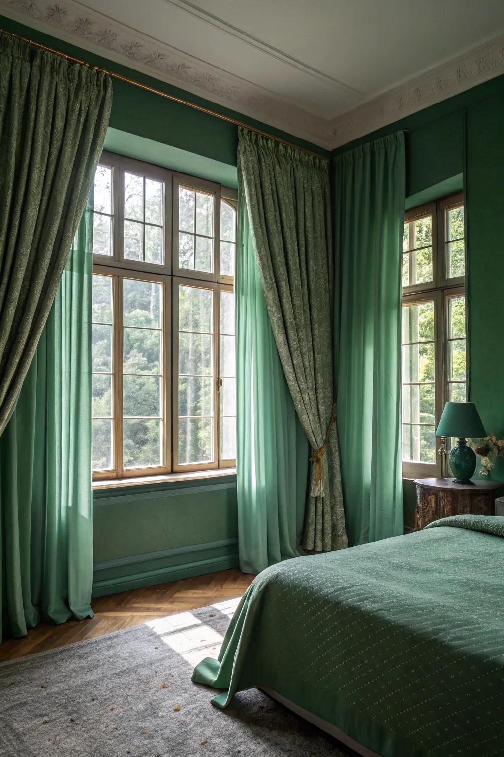 Layered window coverings add softness and light control to a green bedroom.