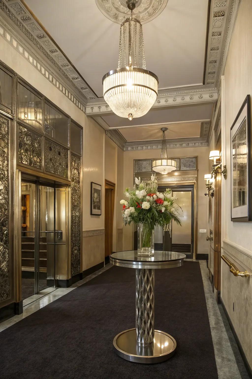 Metallic accents delicately enhance the luxury of the foyer.